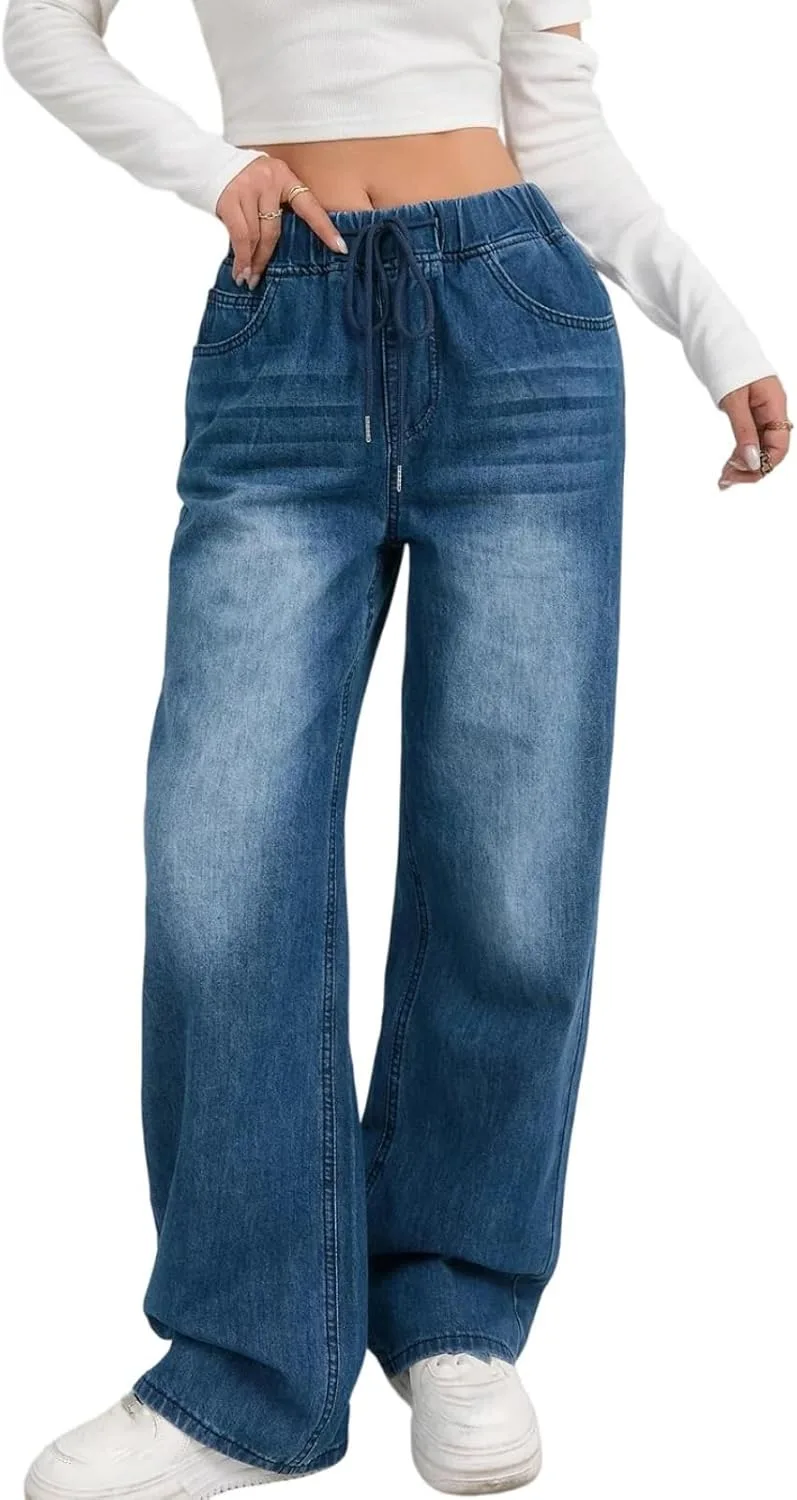Женские джинсы Wide Leg с эластичным поясом и шнуровкой
