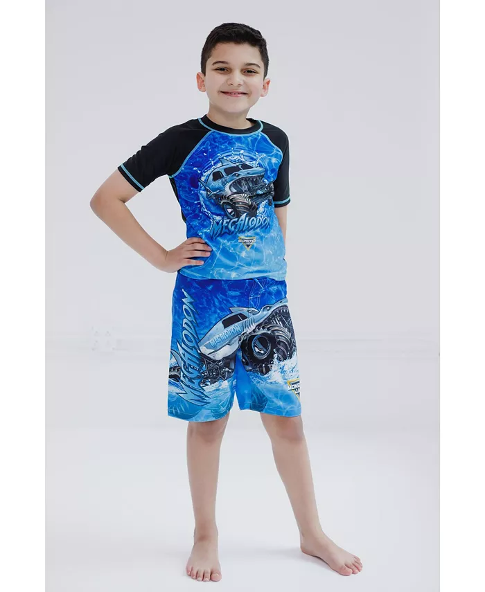 Комплект для плавания для мальчиков: толстовка-рашгард и шорты Toddler Boys Pullover Rash Guard and Swim Trunks Outfit Set Monster Jam, синий — фото 2
