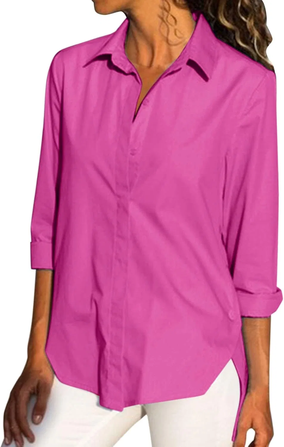 Блуза, женская, с длинным рукавом, Stand Collar Shirt, ярко-розовый