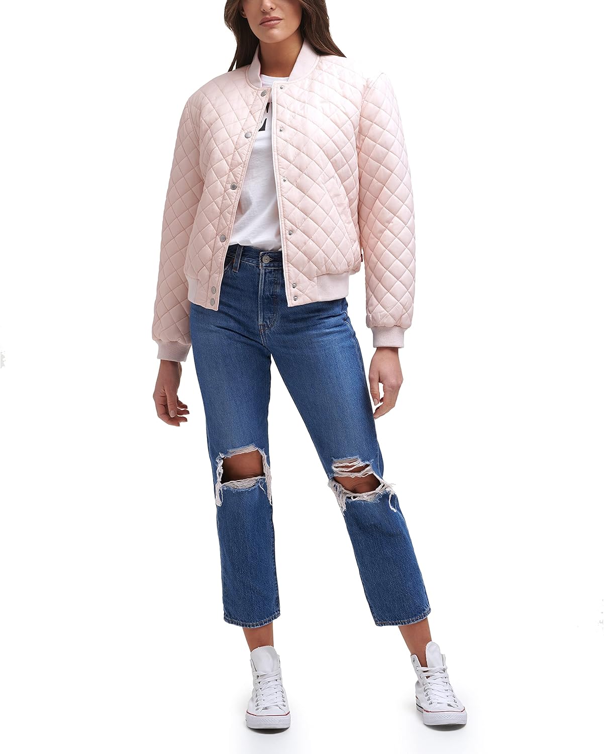 Женская куртка-бомбер Levi's стеганая с ромбовидным узором и манжетами, светло-розовый — фото 4