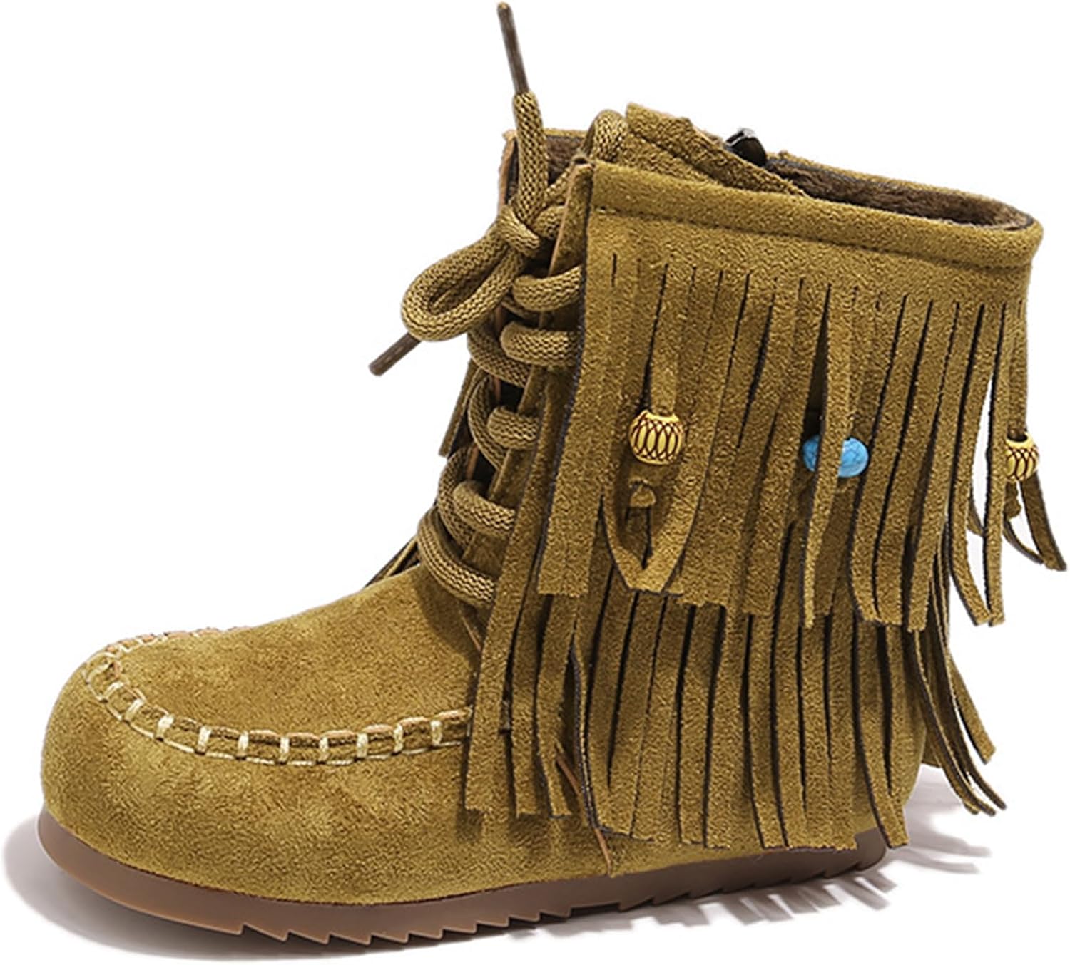 

BANGTEUO Детские ковбойские ботинки с кисточками на щиколотке, модные мокасины, удобные, с боковой молнией, закругленным носком, на шнуровке, с нескользящей мягкой подошвой