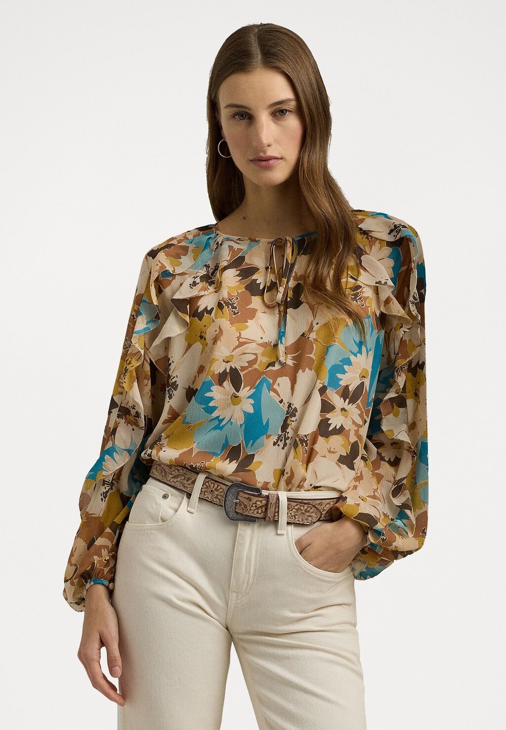 

Блуза FLORAL CRINKLE GEORGETTE TIE NECK BLOUSE Ralph Lauren, бежевый