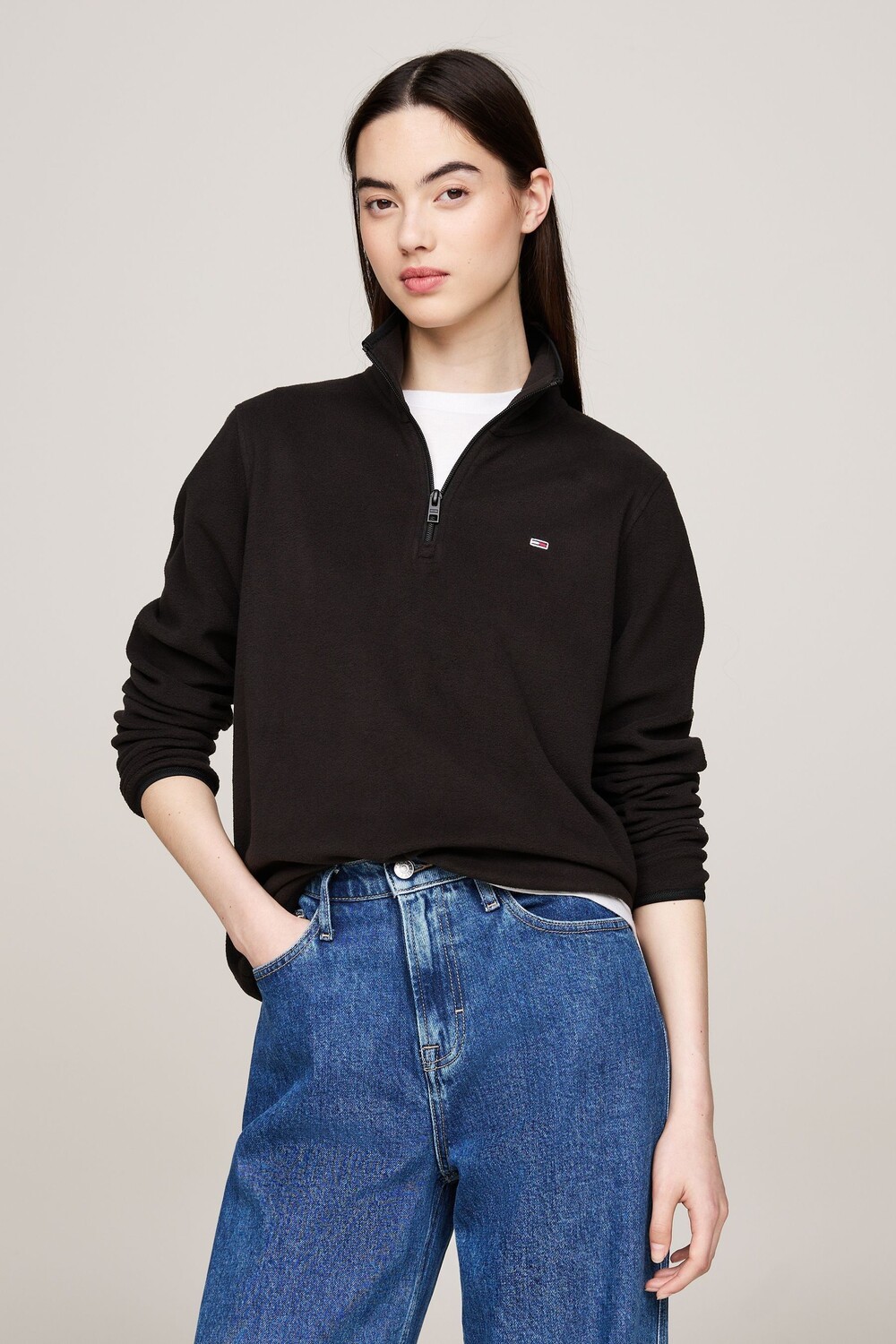 

Обычная толстовка с застежкой молнией 1/4, флаг, полярная Tommy Jeans, черный