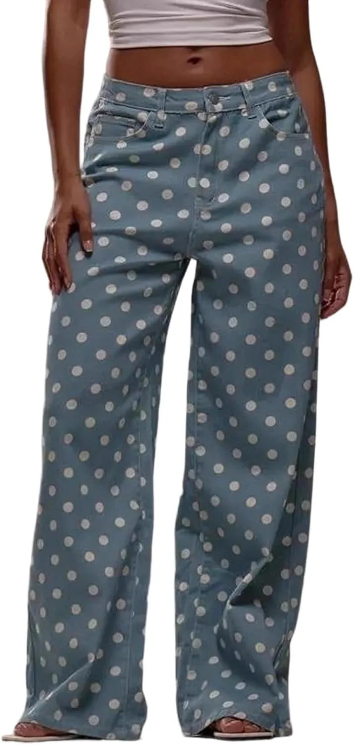 

Женские джинсы в горошек Mid Rise Palazzo Denim Vintage High Street Baggy Wide Leg с карманами HYYGOCCTV