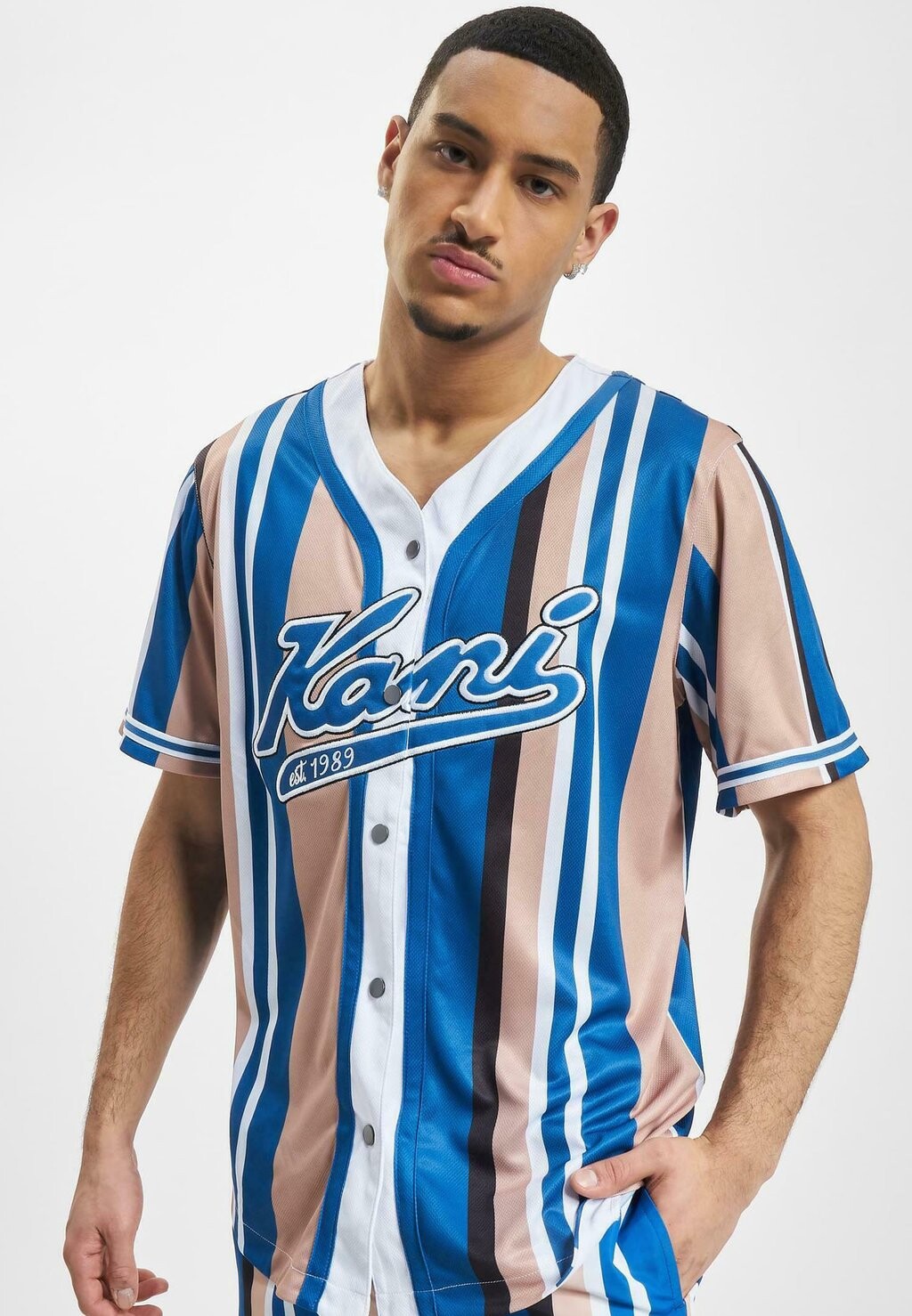 

Рубашка VARSITY STRIPED BASEBALL Karl Kani, сине-песочно-белый