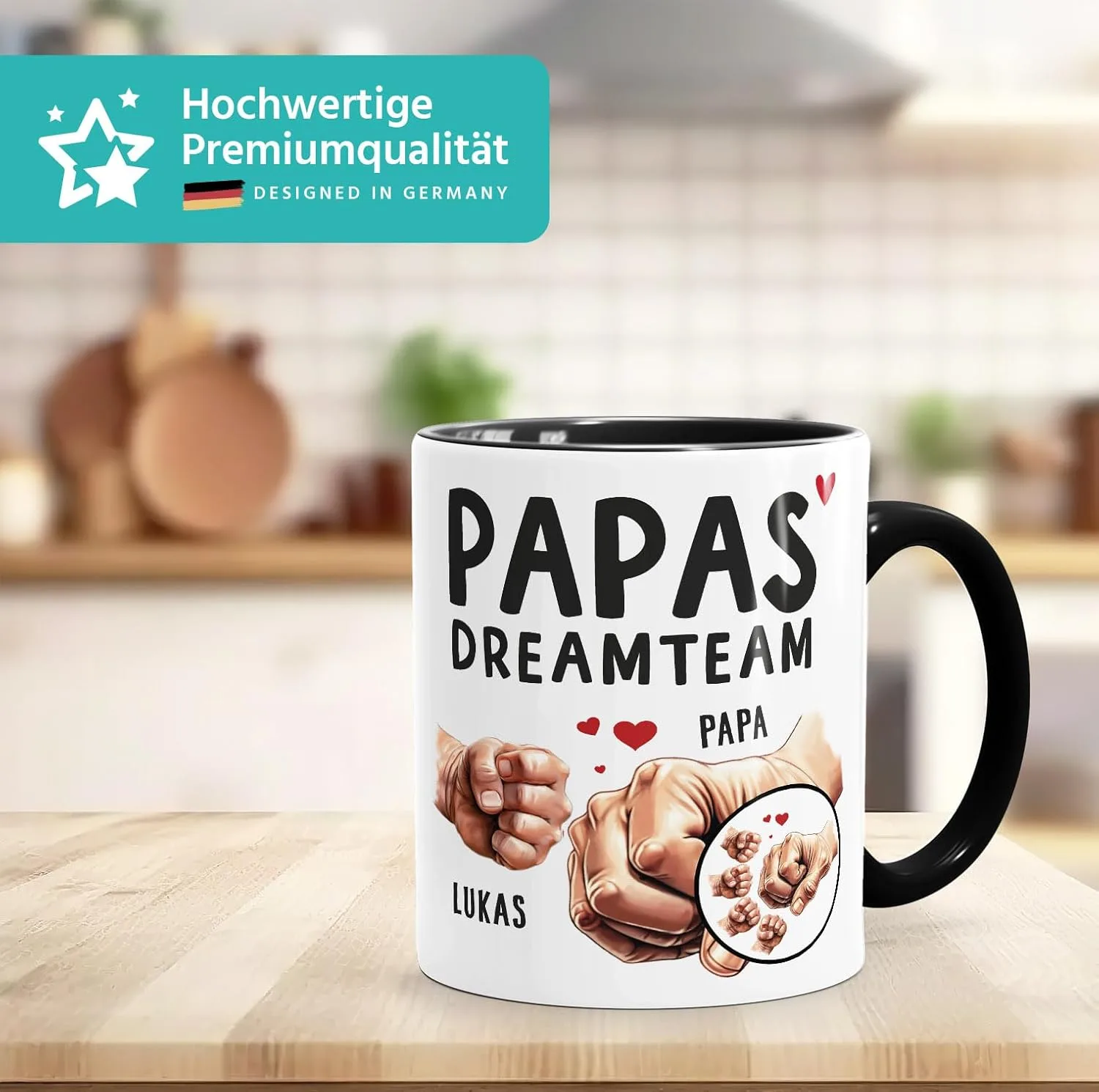 Кружка Dad с именем и отпечатками рук до 4 детей, подарок на День отца, белая внутри, черная SpecialMe — фото 3