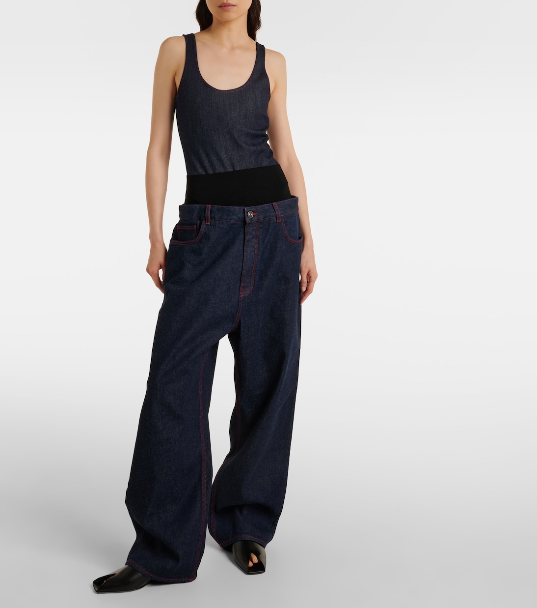 Джинсы с низкой посадкой и широкими штанинами Alaïa, Bleu Denim — фото 2