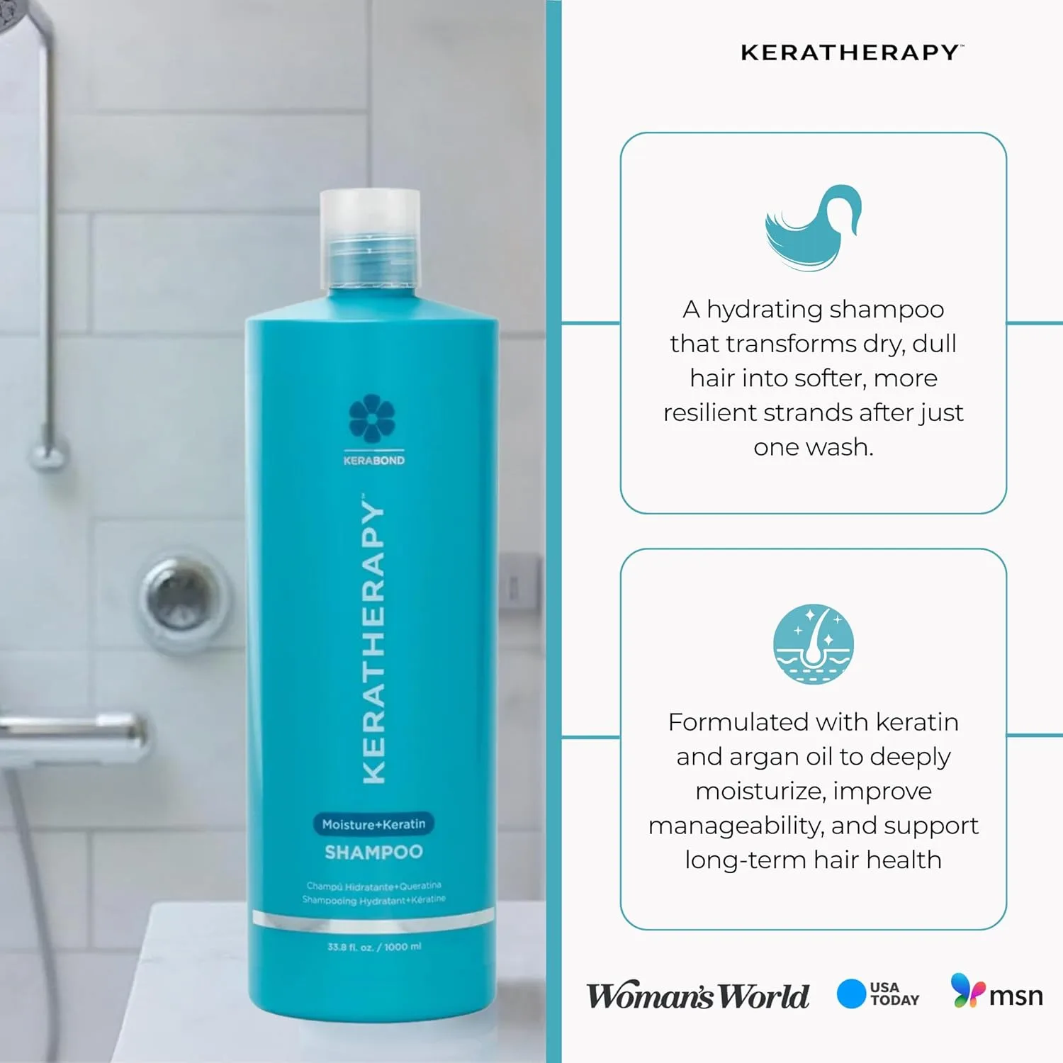 KERATHERAPY Keratin Infused Moisture Shampoo, 1000 мл - увлажняющий шампунь против пушистости для жирных корней и сухих кончиков с Kerabond Technology, алоэ вера и ивовой корой, без сульфатов и парабенов — фото 3