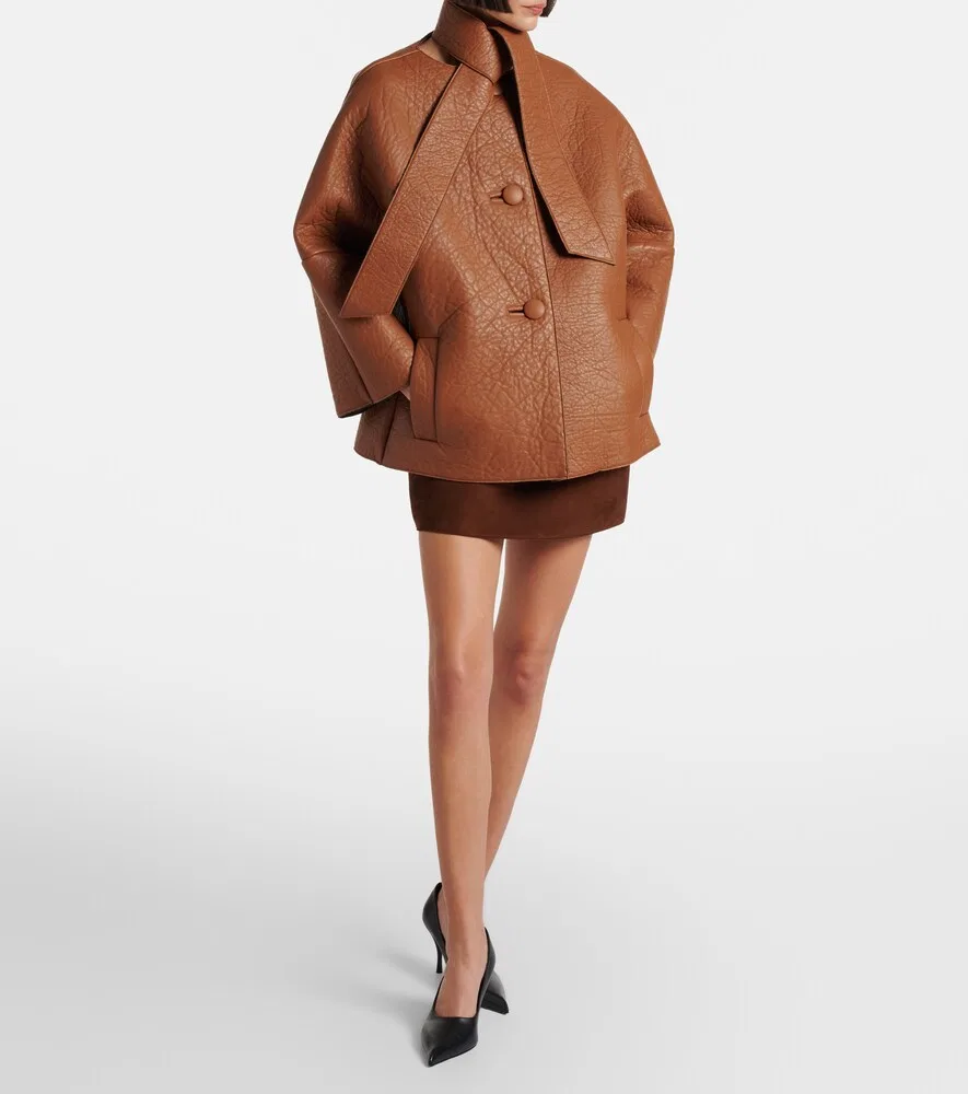 Кожаная куртка с отделкой в виде шарфа Prada, коричневый — фото 2