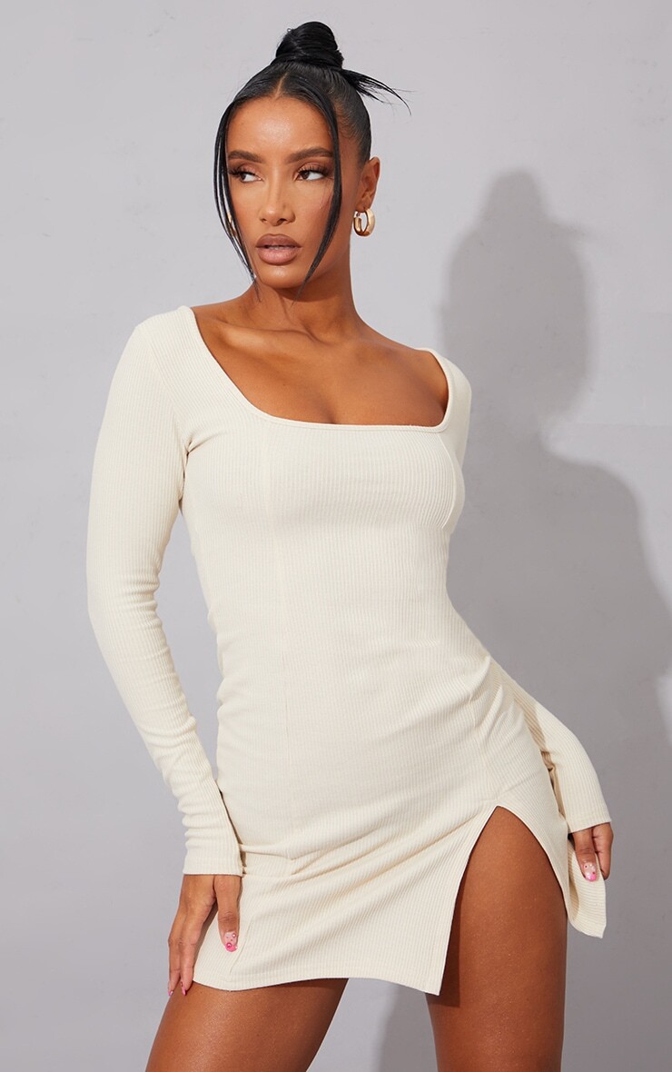

PrettyLittleThing Кремовое облегающее платье с квадратным вырезом и длинными рукавами в рубчик, Бежевый, PrettyLittleThing Кремовое облегающее платье с квадратным вырезом и длинными рукавами в рубчик