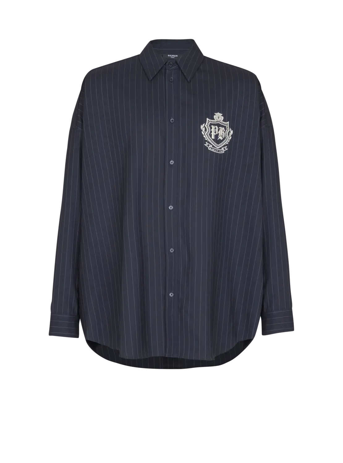 

Полосатая шерстяная рубашка с эмблемой колледжа Balmain, темно-синий
