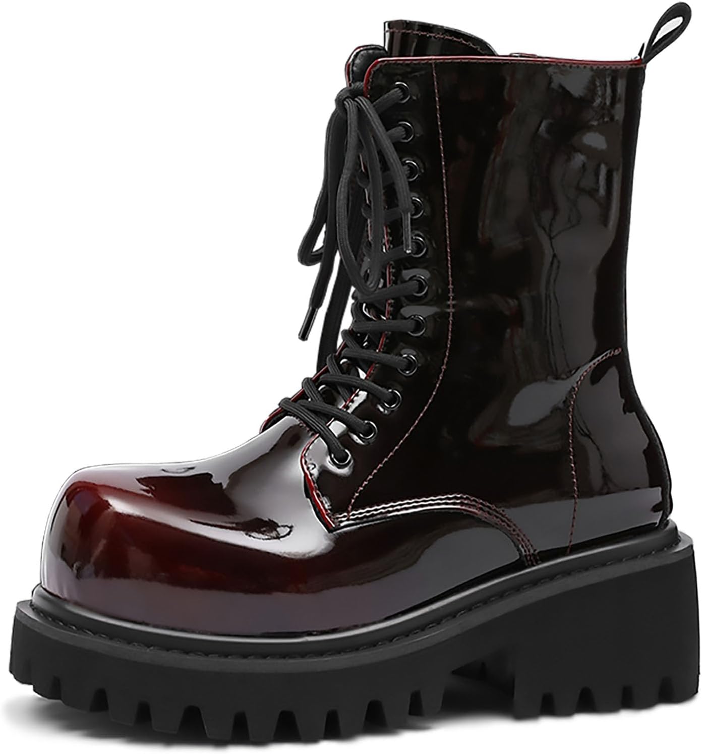 

Мужские градиентные ботинки с боевым дизайном из лакированной кожи, шнуровка, боковая молния, массивная платформа, средняя длина, повседневные, дерби, ботильоны для мотоциклов и вечеринок Bwseobg, красный