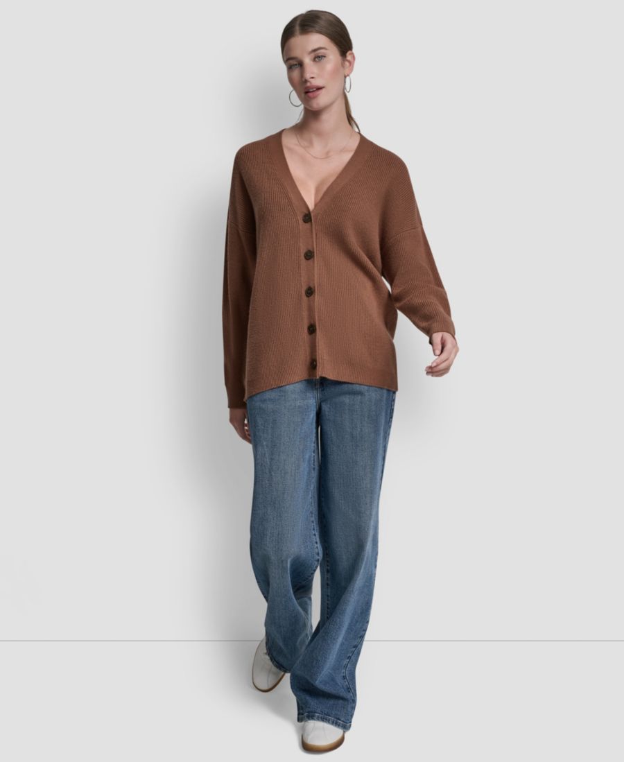 

Женский свободный кардиган с V-образным вырезом и декоративной строчкой, украшенный замшевой нашивкой с логотипом DKNY Jeans, Brnt Sugar