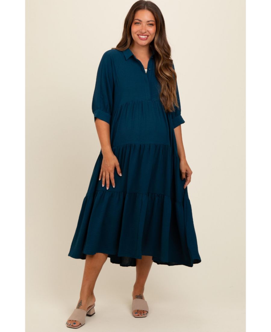 

Платье миди для беременных темно-бирюзового цвета с воротником и застежкой на пуговицы, многоярусное Pinkblush, Dark teal