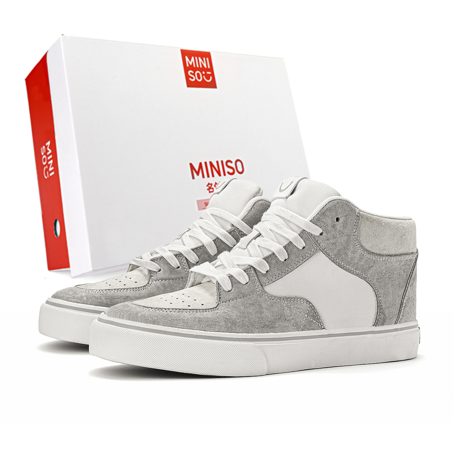 

MINISO Кроссовки для скейтбординга унисекс мидтоп белые черно-белые серо-бежевые коричнево-синие бело-серые, цвет White Gray