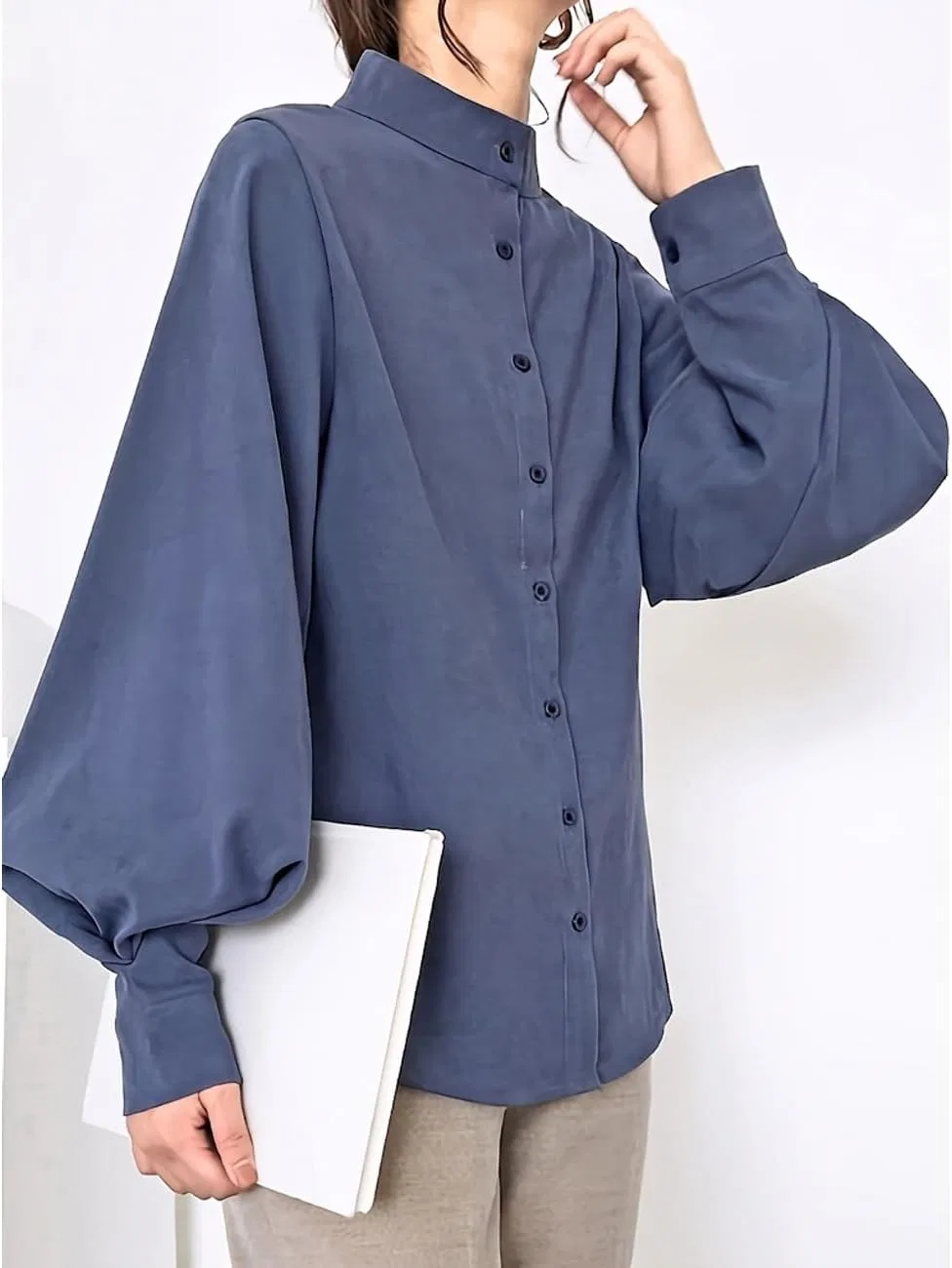 Блуза с объемными рукавами, stand collar, из коллекции, синий — фото 3