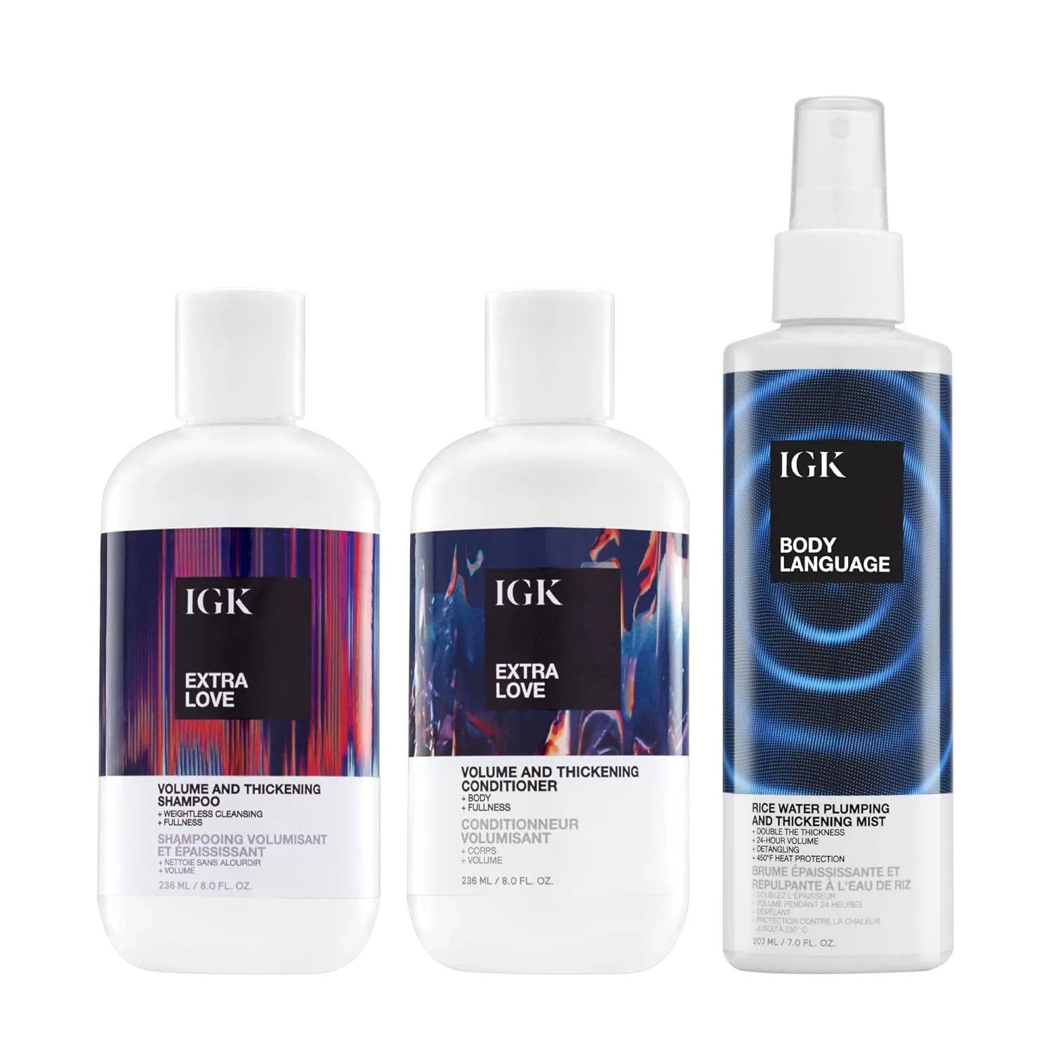 IGK Extra Love шампунь + кондиционер и Body Language Rice Water Plumping Mist - очищающий, увлажняющий и объемный набор для волос, Vegan & Cruelty-Free