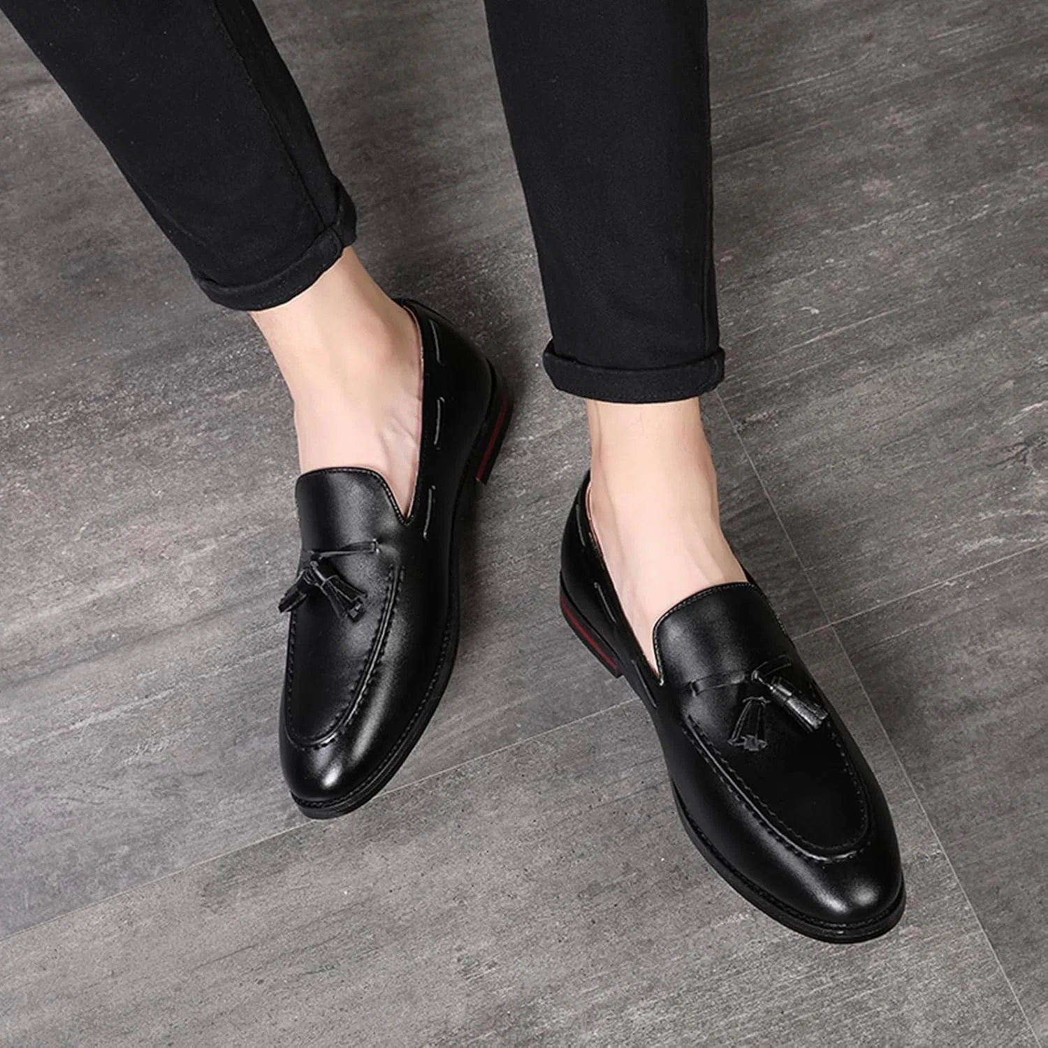 Мужские повседневные кожаные туфли Loafers с кисточками, Black SJIUTLYUE — фото 4