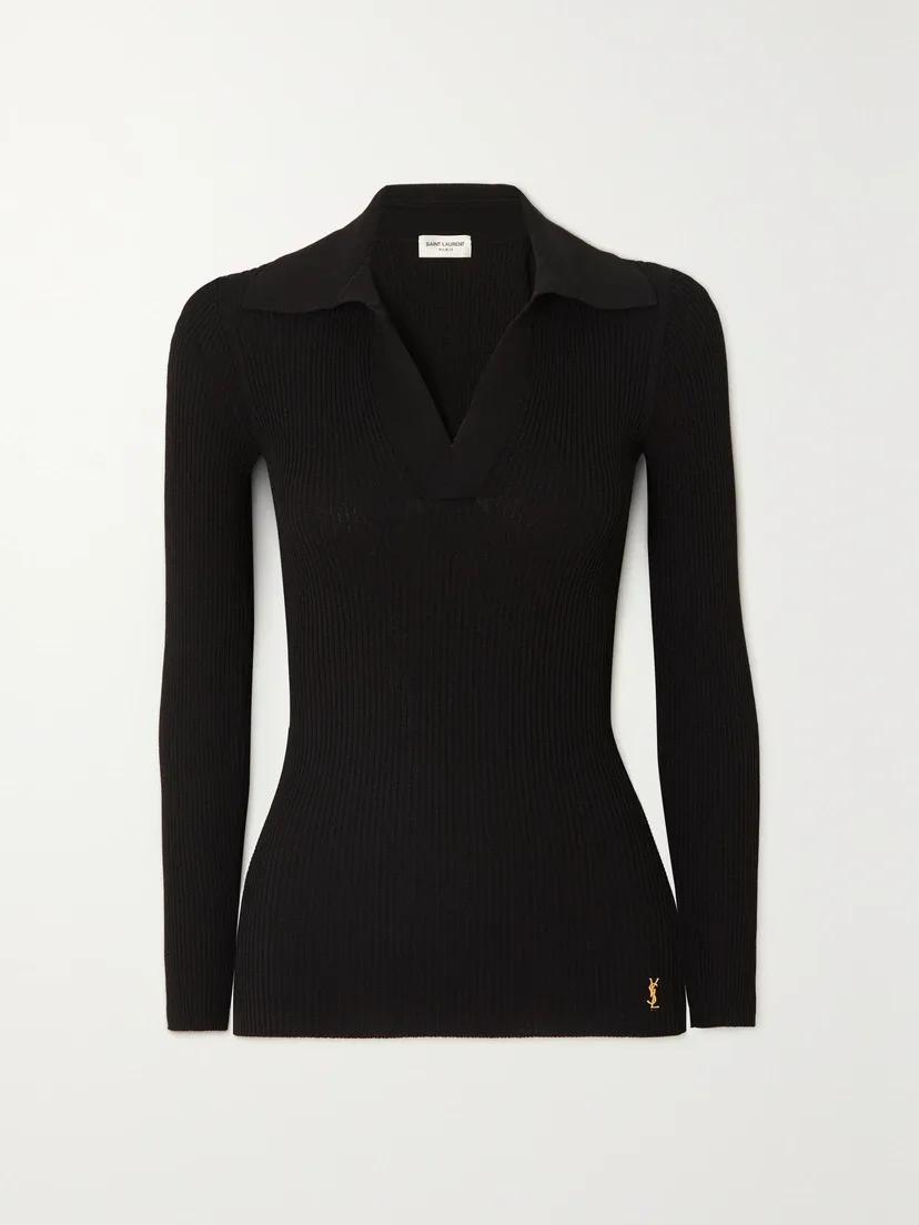 Украшенный вязаный рубчатый пуловер-поло SAINT LAURENT, черный