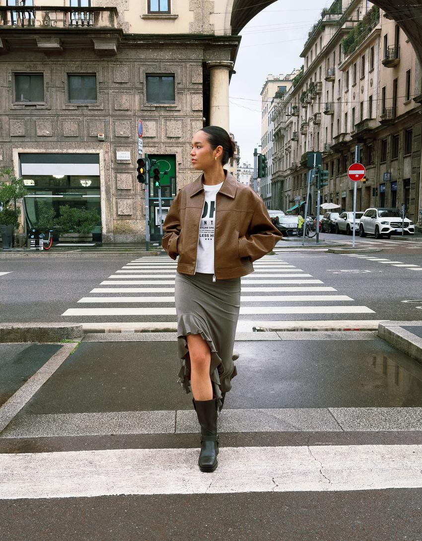 

Юбка миди с оборками Bershka, хаки