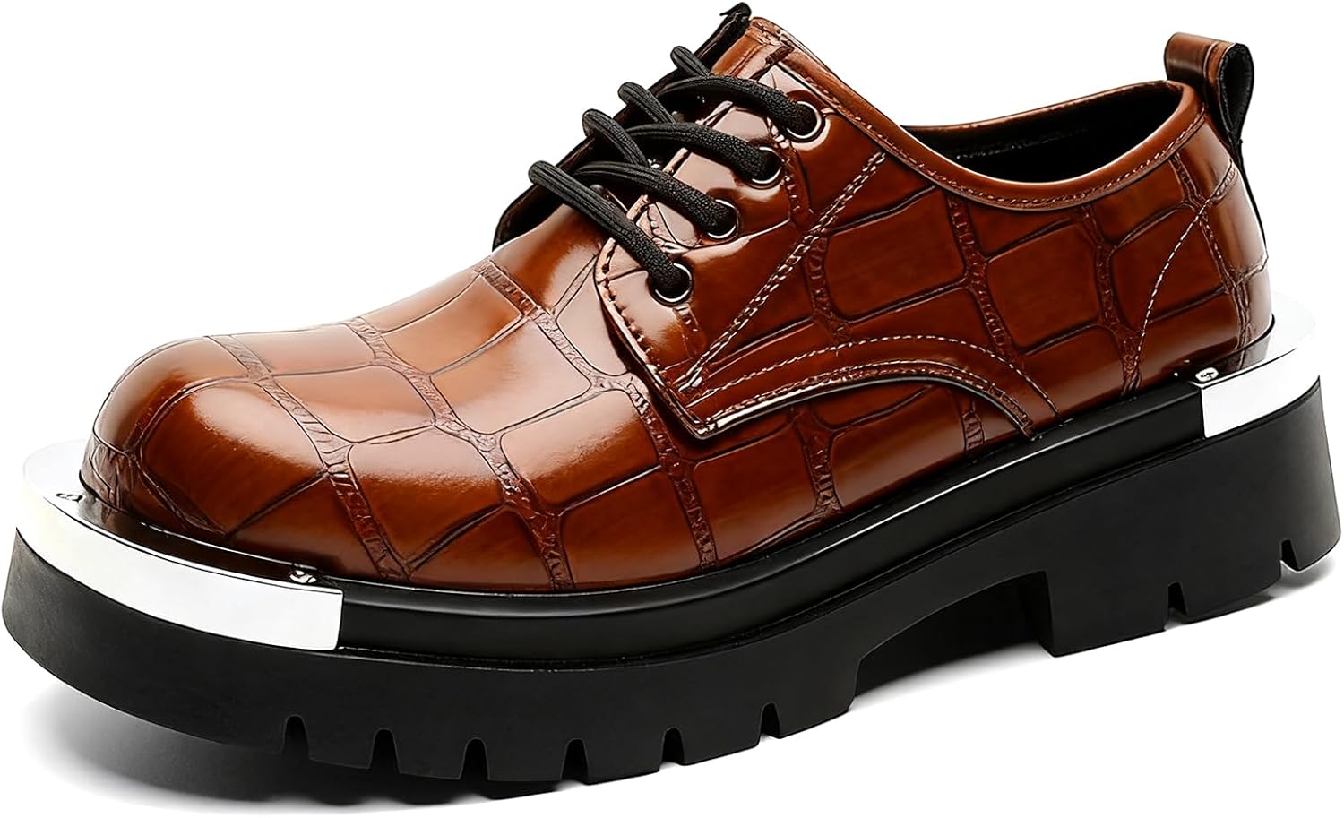 

Мужские кожаные оксфорды с металлической пластиной на платформе, модные крокодиловые, с круглым носком, на шнуровке, с массивным каблуком, противоскользящей подошвой и подъемом, дерби Bangteuo, коричневый