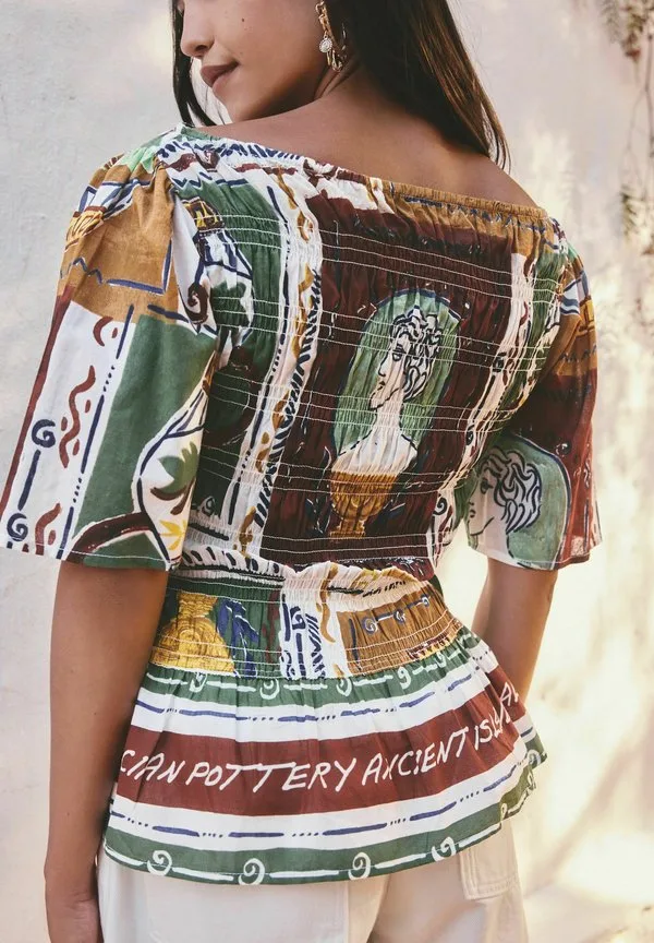 Блузка прямого кроя с присборенным вырезом и короткими рукавами Next, Brown/Green Tile Border Print — фото 2