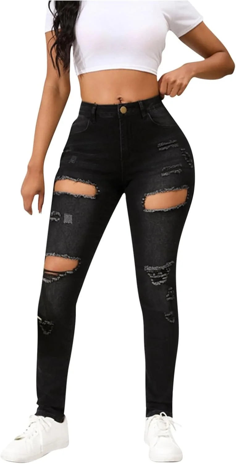 Женские джинсы skinny с прорезями и потертостями, high waisted, distressed