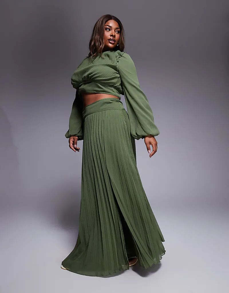 

Длинная юбка ASOS DESIGN Curve с заниженной талией и складками оливкового цвета