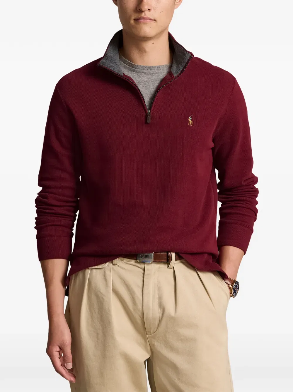 Свитер с вышитым логотипом и застежкой-молнией до середины груди Polo Ralph Lauren, красный — фото 3