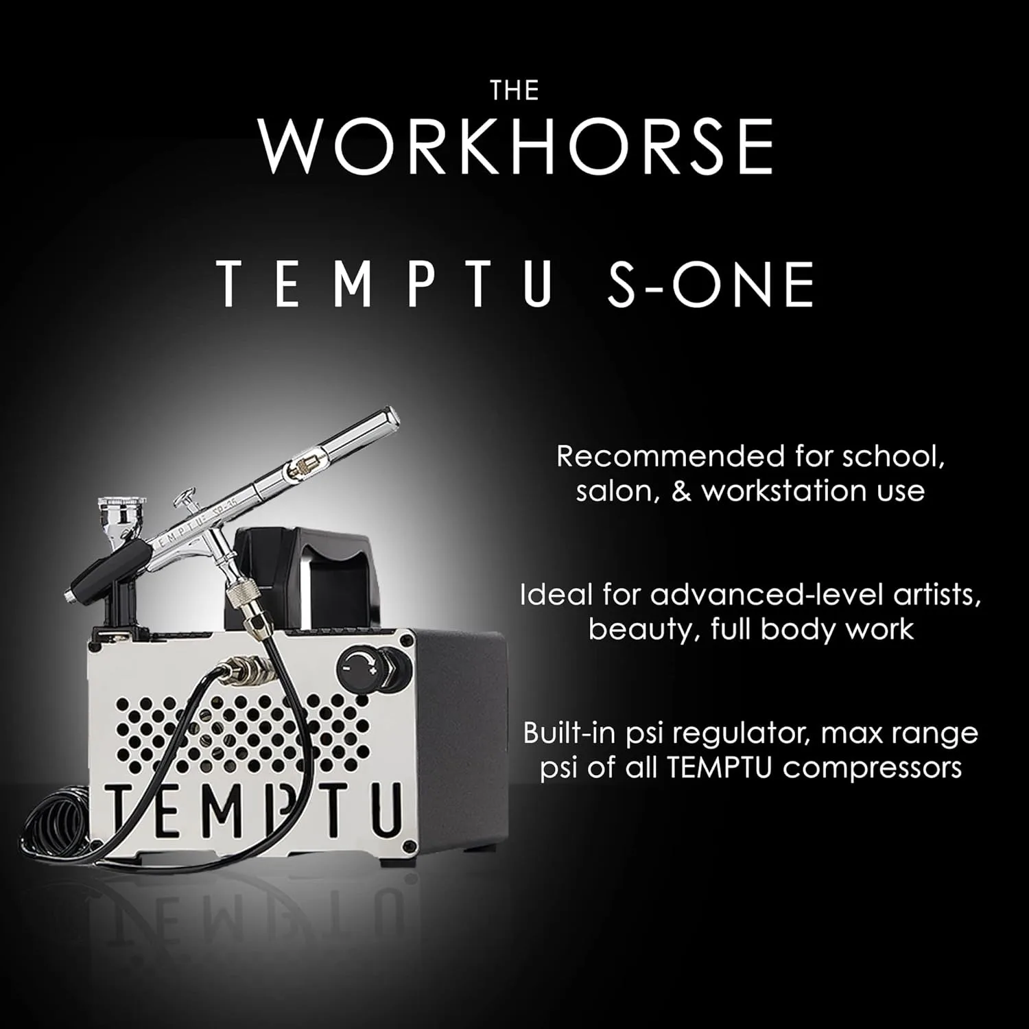 TEMPTU S-One Advanced Airbrush Compressor для макияжа и боди-арта | Идеален для школы, салона и рабочего места | Встроенный регулятор psi, термозащищенный мотор — фото 4