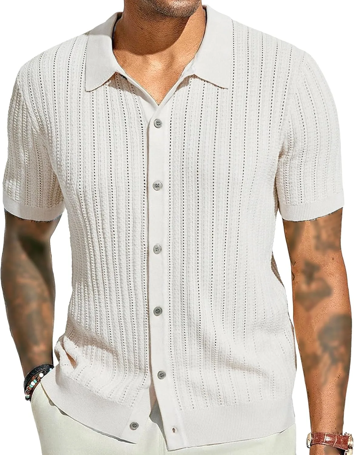 

Мужская рубашка с кубинским воротником, короткий рукав, вязаная в полоску PHJTOMK