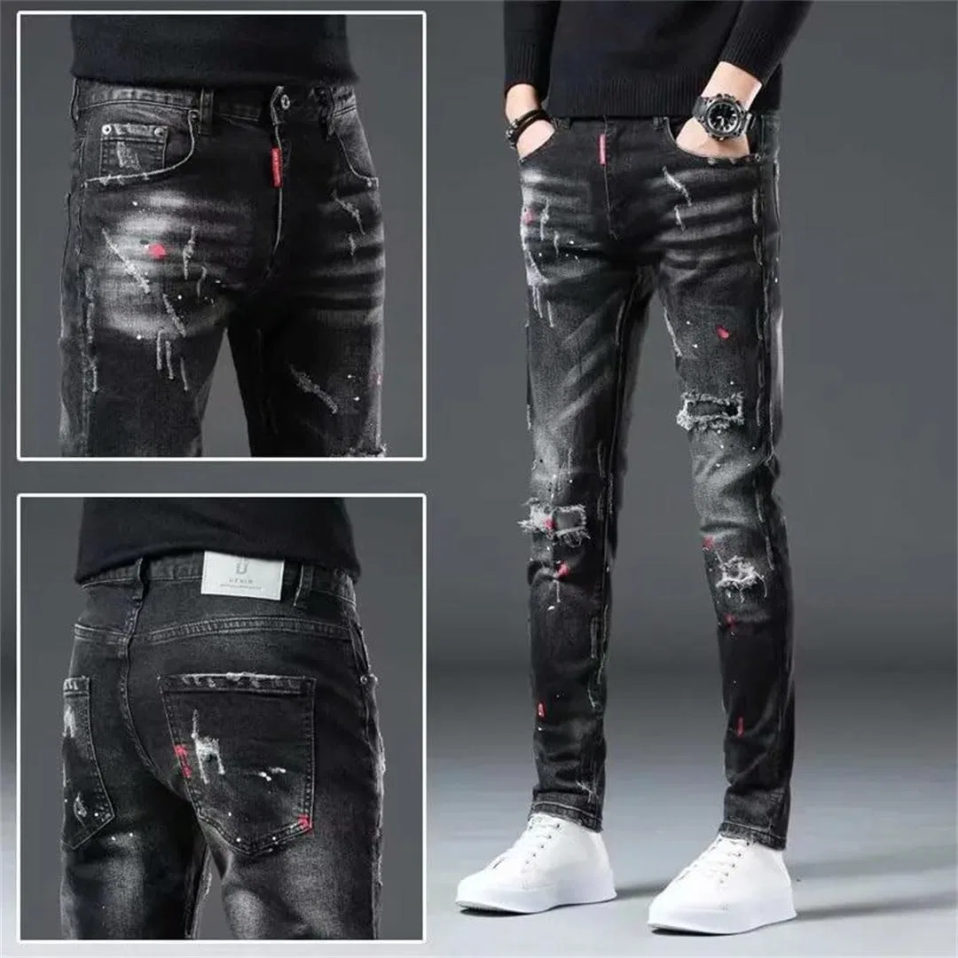 Джинсы с потертостями, Men's High Street Ripped Jeans Cowboy Paint Splash Ink Pants, Black — фото 3