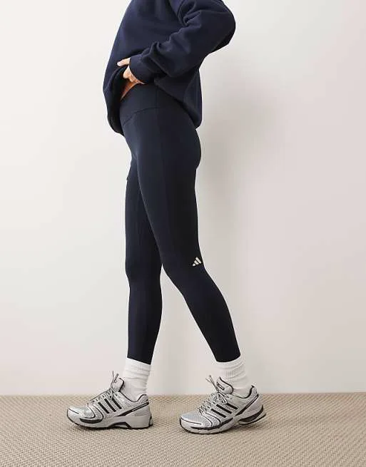 Темно-сине-кремовые леггинсы с перекрестным поясом adidas Performance Three Stripes Studios — фото 2