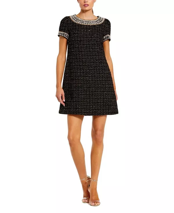 

Мини-Платье из букле с короткими рукавами и декоративной отделкой Mac Duggal, черный
