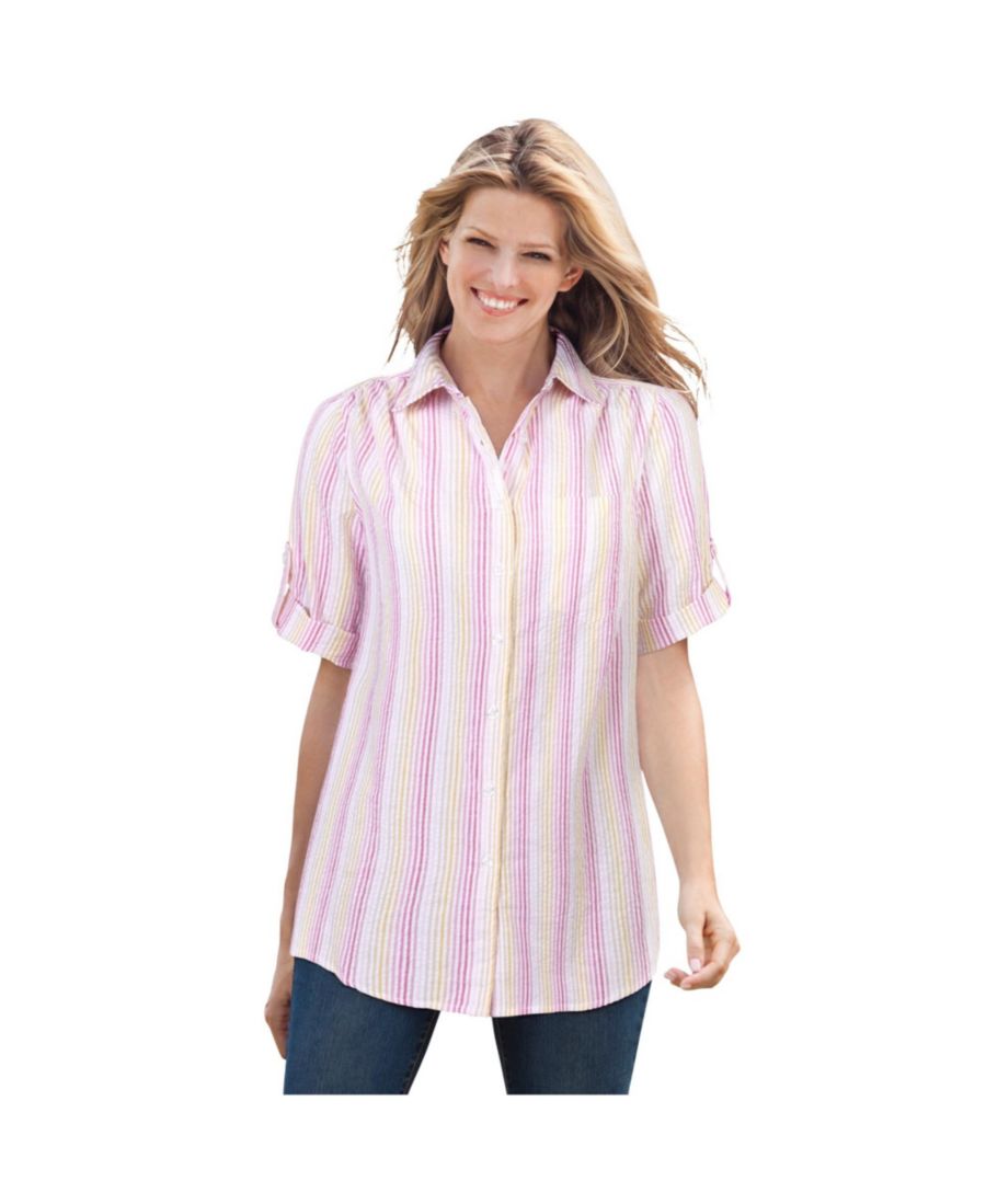 

Женская рубашка Within с коротким рукавом и пуговицами из сирсакера Woman Within, Rose pink rainbow stripe