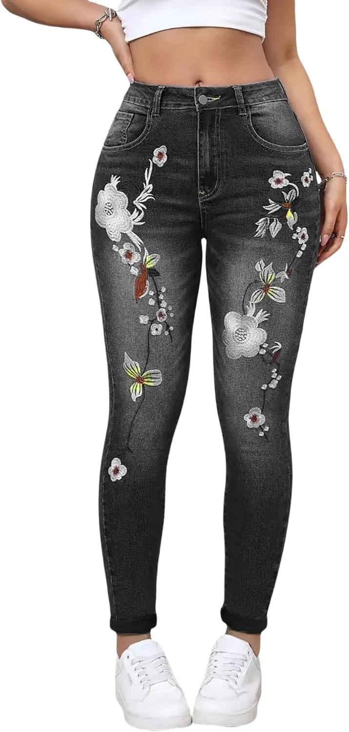 

Женские джинсы с цветочной вышивкой, черные скинни на высокой талии TimeGofate