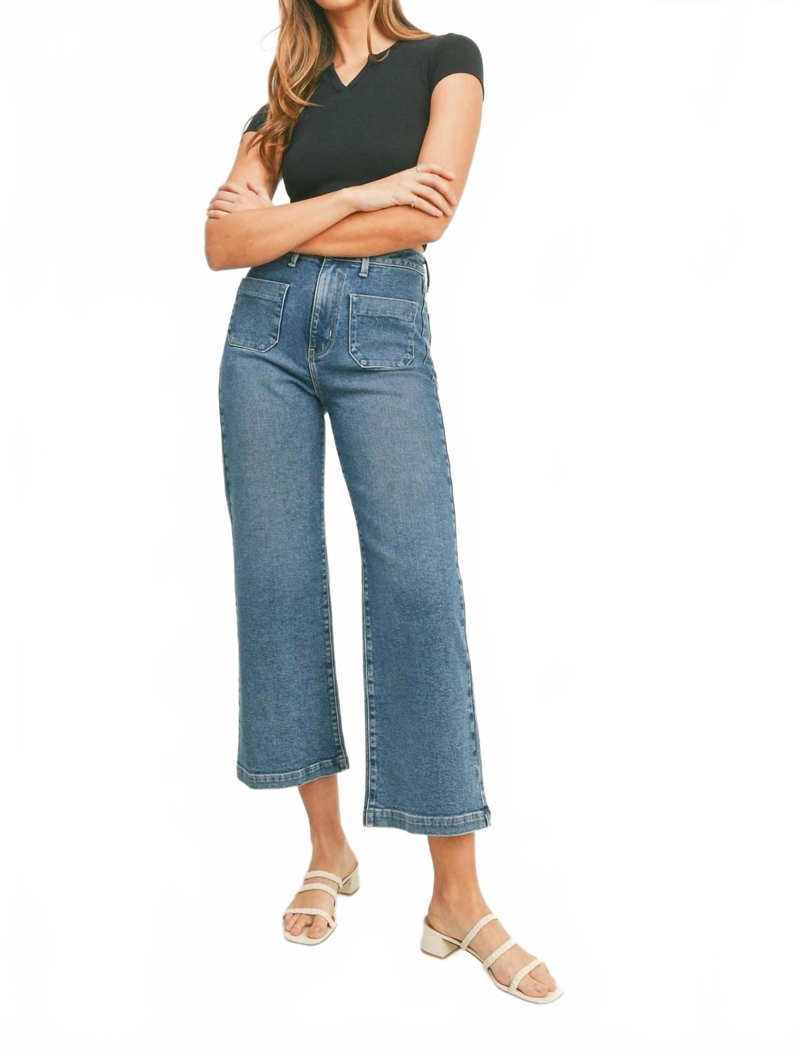 

Джинсы с высокой посадкой, широкими карманами и расклешенными штанинами в среднем дениме JUST BLACK DENIM, Medium Denim