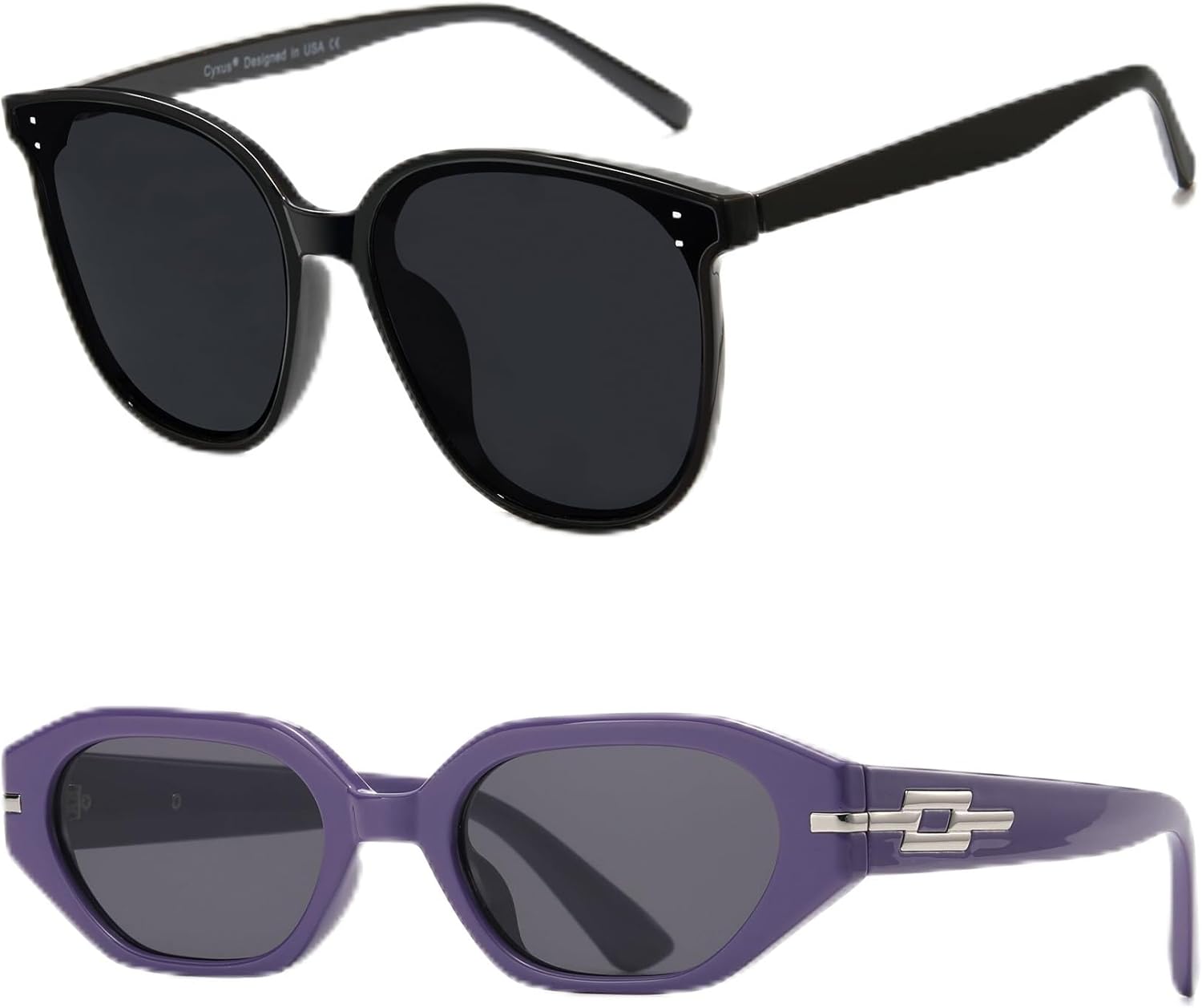 

Комплект из двух солнцезащитных очков Cyxus для женщин, модная оправа «кошачий глаз», защита от УФ-излучения, для путешествий на открытом воздухе (черные + фиолетовые), Grey