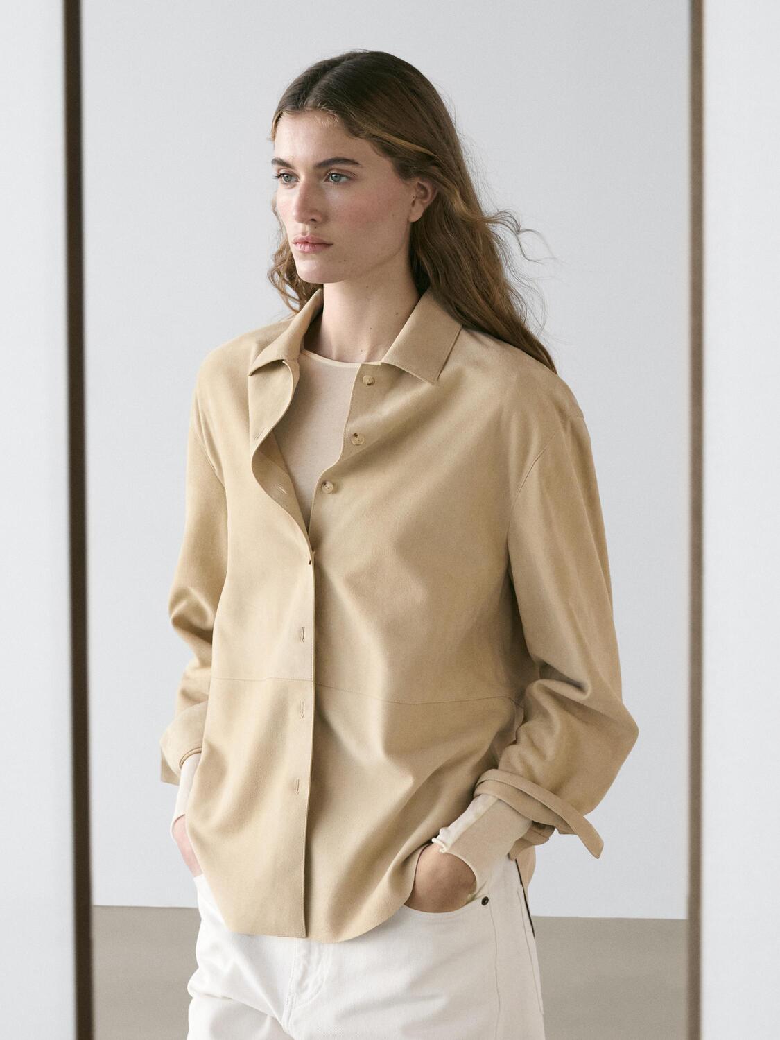 Замшевая кожаная рубашка Massimo Dutti, sand — фото 3