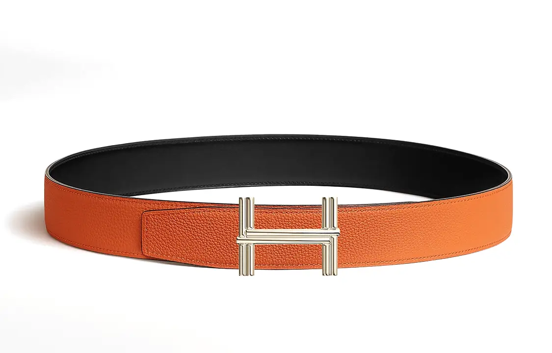 HERMES Кожаный ремень для мужчин с гладкой пряжкой Logo Buckle, оранжевый, ширина 3.8 см — фото 4
