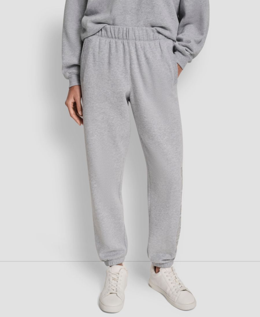 

Женские спортивные брюки с высокой посадкой и свободным кроем, украшенные стразами, в стиле университетской формы DKNY, Pearl Gray Heather