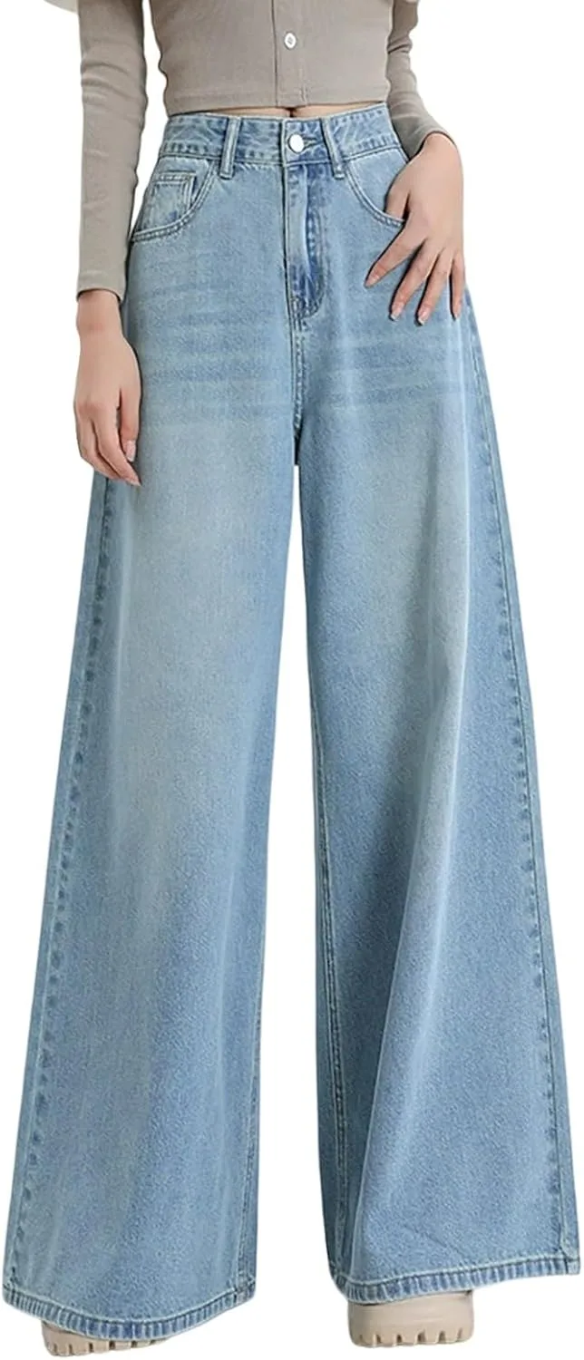 

Женские джинсы baggy wide leg high waisted plus size boyfriend loose fit bell bottom stretchy с карманами