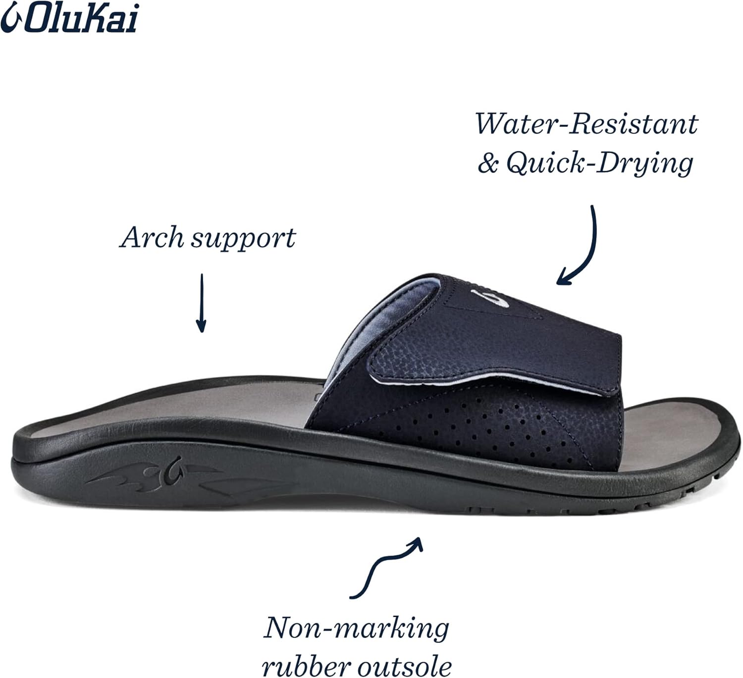 Мужские сандалии слайд OLUKAI Nalu Slide, водостойкие, с регулируемыми ремешками, легкие и прочные, комфорт и поддержка на весь день, синий/угольный — фото 2