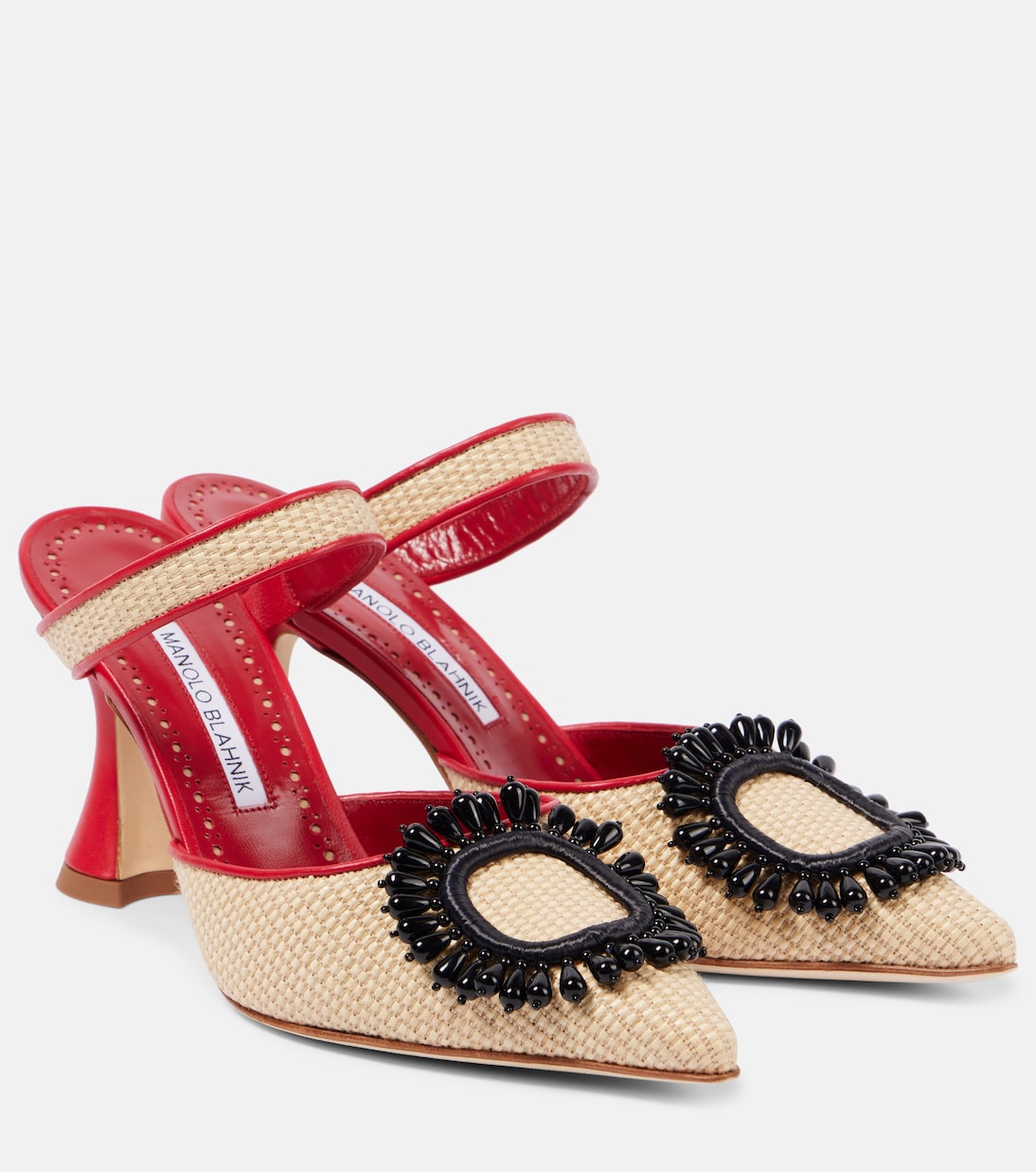 Атика 90 украшенные мюли из рафии Manolo Blahnik, 1105 Dcrm/6208 Bred