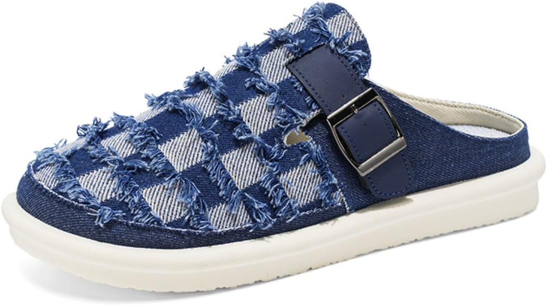 

Тапочки из джинсовой ткани с шахматным узором, стильные, для дома, сада, прогулок, путешествий и повседневной носки, с регулируемым задником, эргономичной стелькой, противоскользящие, легкие, в стиле мюлей Ctkvbmeoi, темно-синий