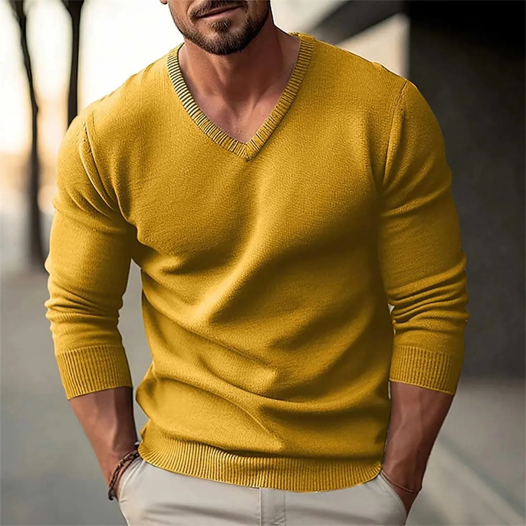 Мужской свитер с V-образным вырезом, Slim Fit, из полиэстера и акрила, теплый вязаный повседневный пуловер Generic, бежевый — фото 4