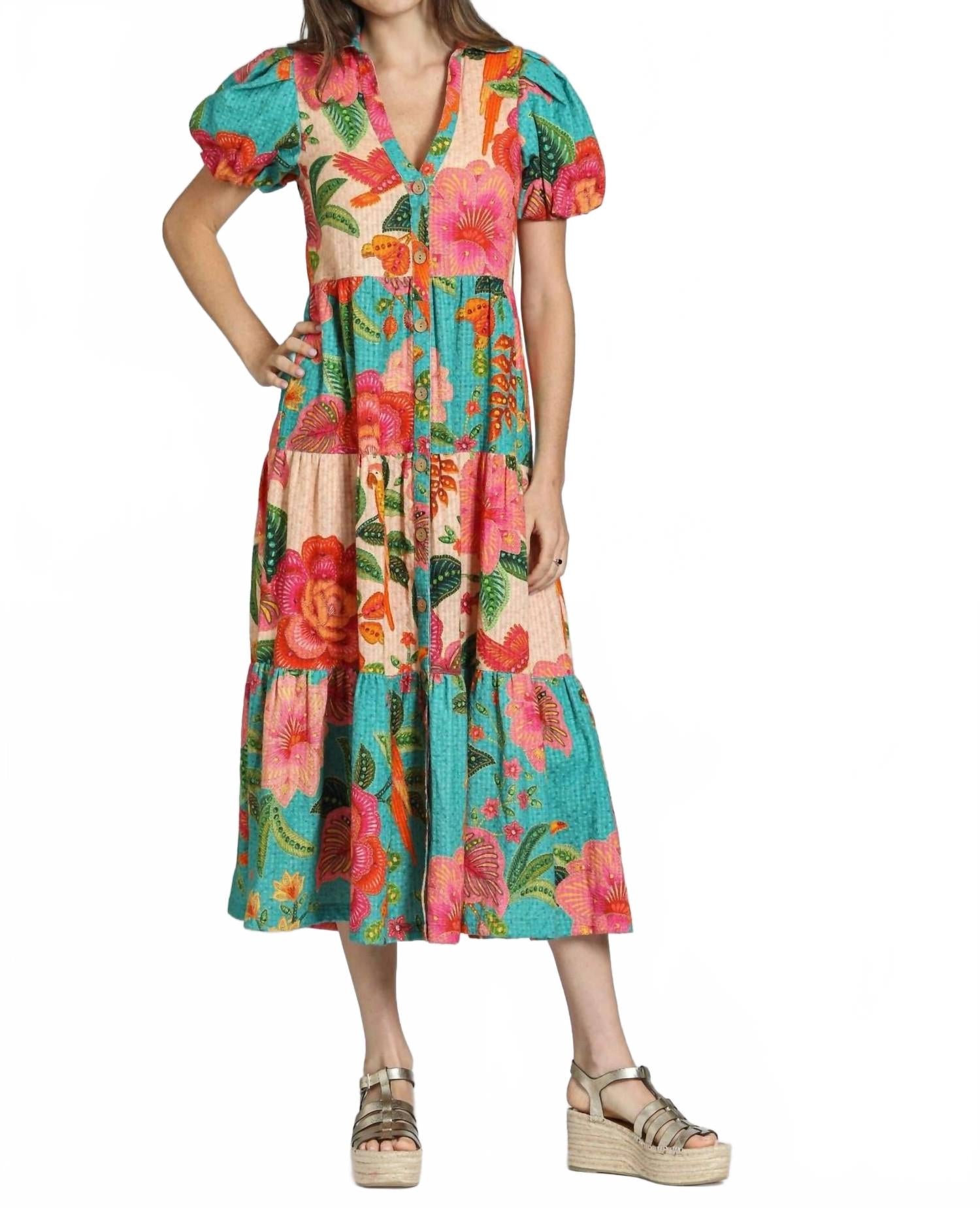 

Смешанный принт длинное платье ярусами в бирюзовом мульти APNY