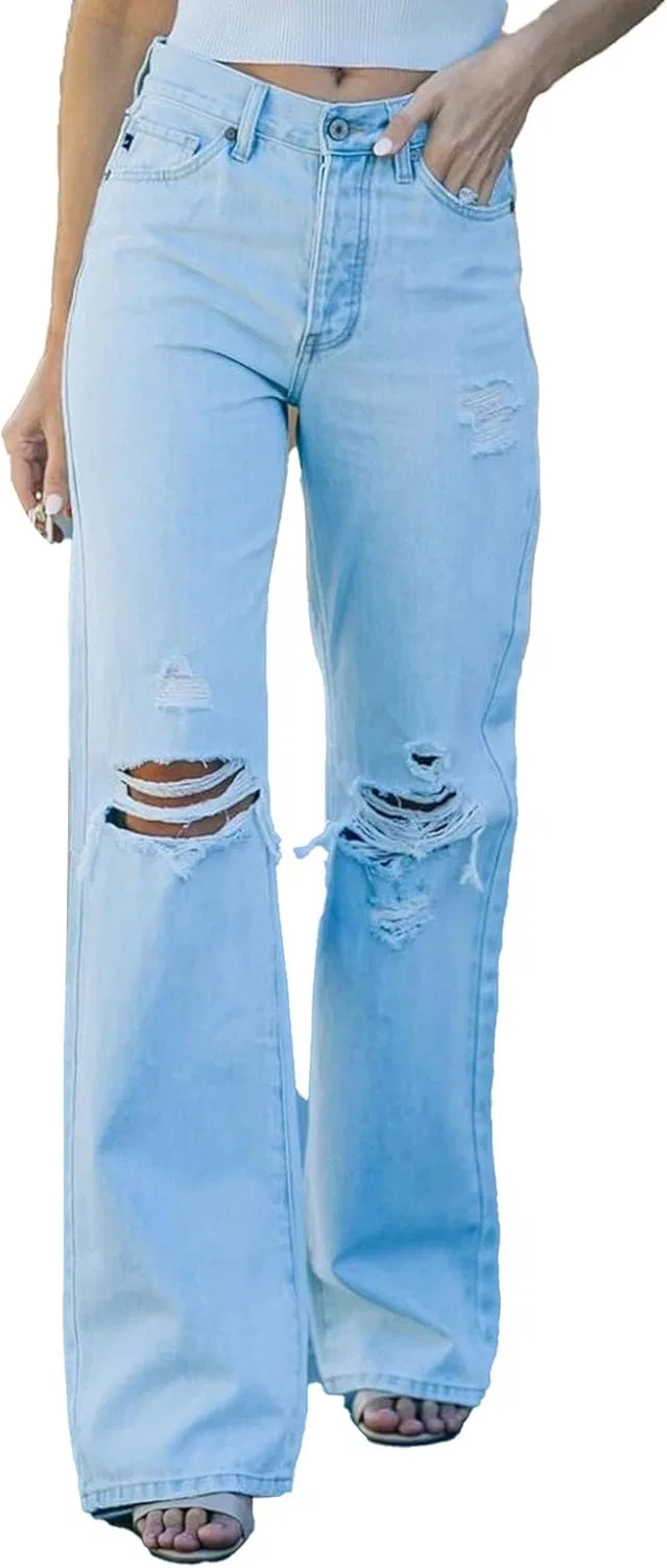 Джинсы прямые рваные повседневные, Light Blue
