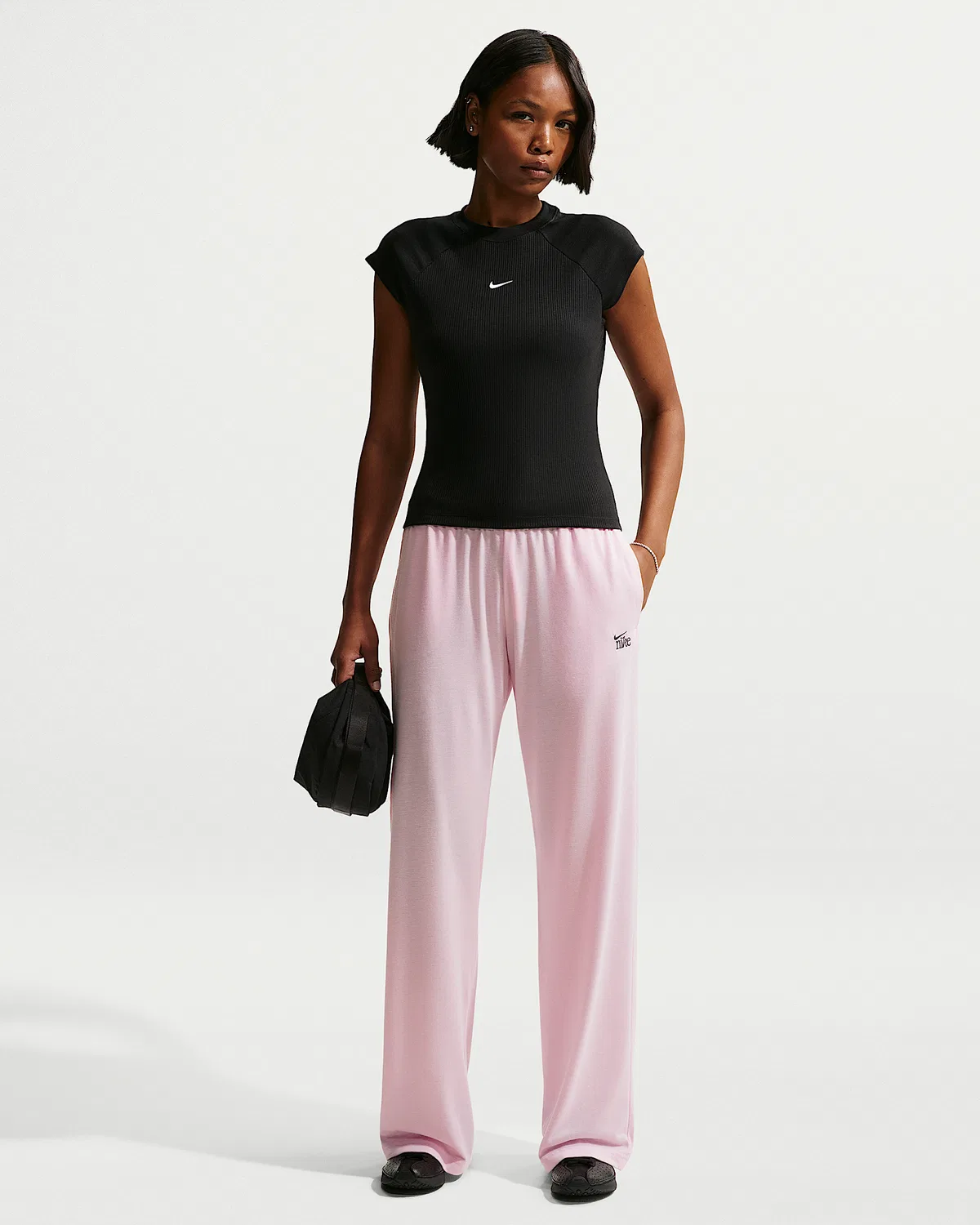 Женские брюки Nike Sportswear Chill Knit со средней посадкой, легкие, с открытым низом, Pink Foam/Dark Smoke Grey