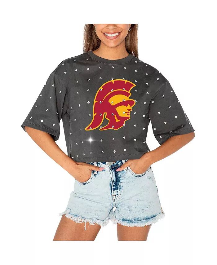 

Женская серая футболка USC Trojans Go Time со стразами Gameday Couture